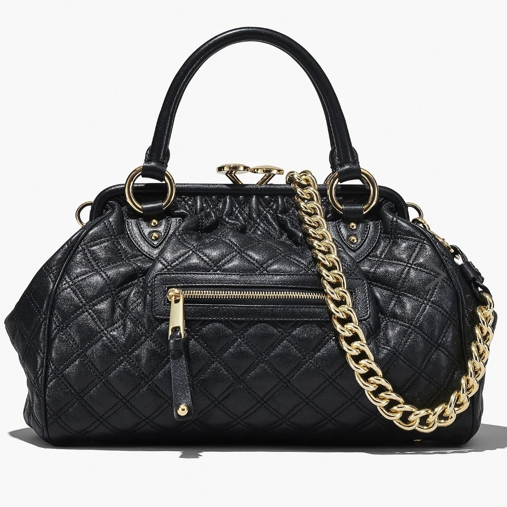 Stunning MARC JACOBS Stam Quilted Black Leather Handbag with Gold Chain